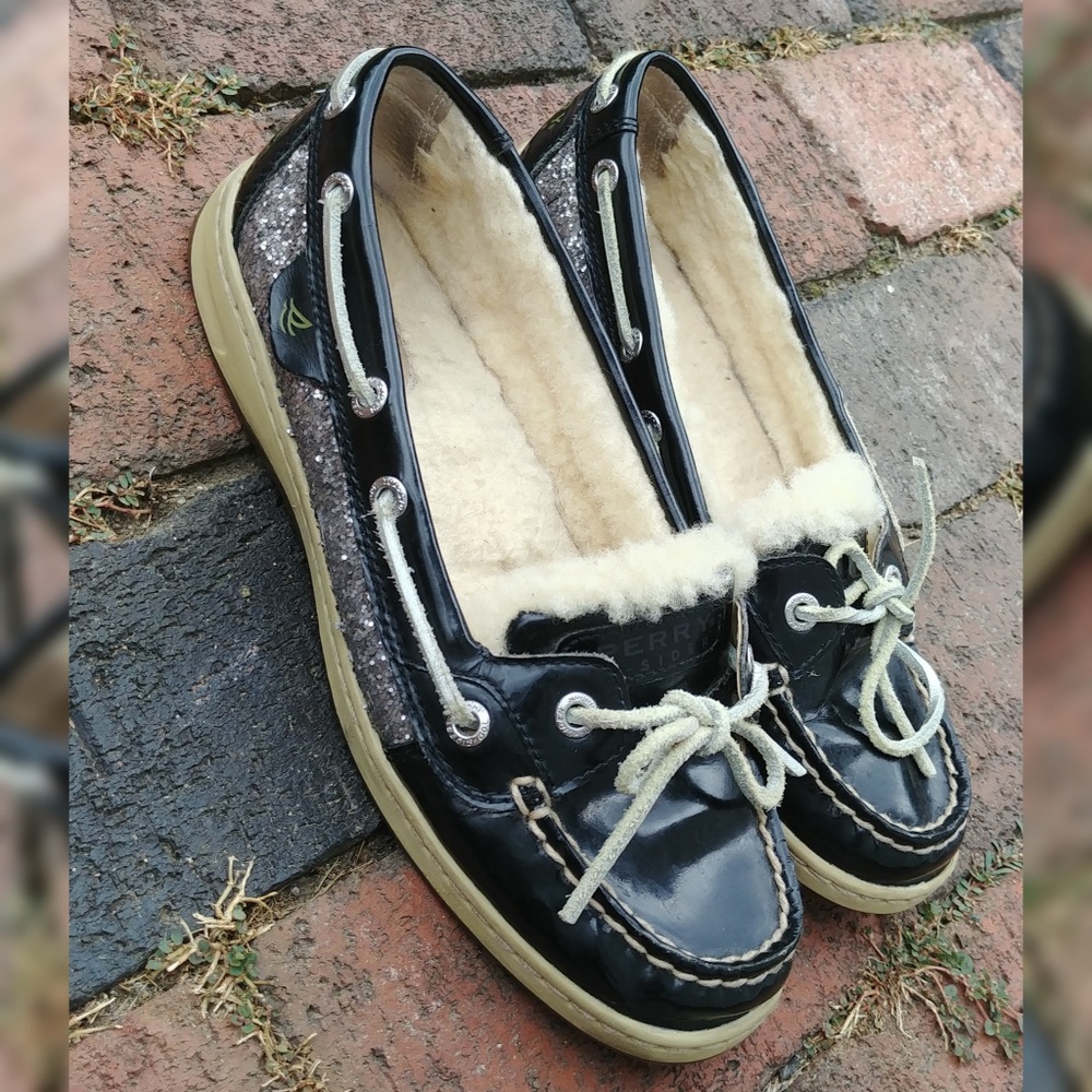 Sperry black leather silver glitter fuzzy shearling slip on boat shoes Womens 7